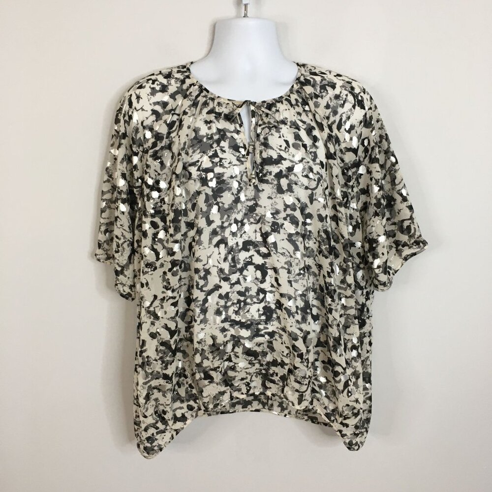 Ruby Rd. Abstract Art To Wear Tunic Top Womens Sz 18 XL Black METALLIC Silver